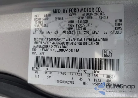 2008 Ford Explorer Xlt из США, поврежденный, VIN 1FMEU73E88UA08115